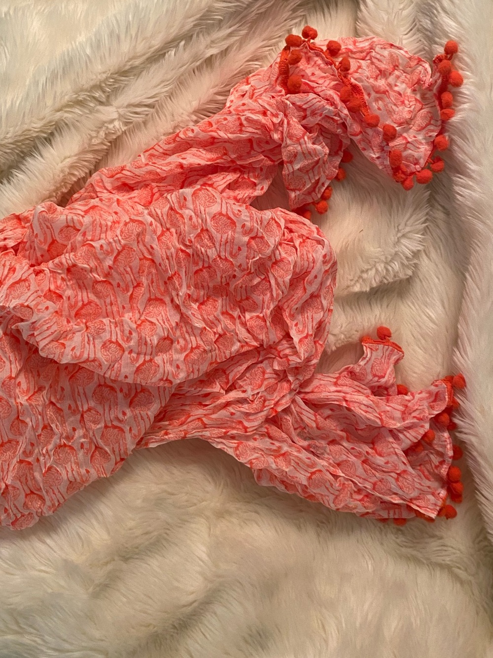 crown & ivy Coral and White flamingo Pom-Pom Scarf